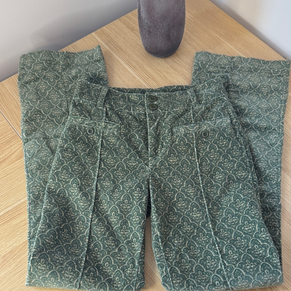 FREE PEOPLE Velvet Green Patterned slight flare/mostly boot cut pants
